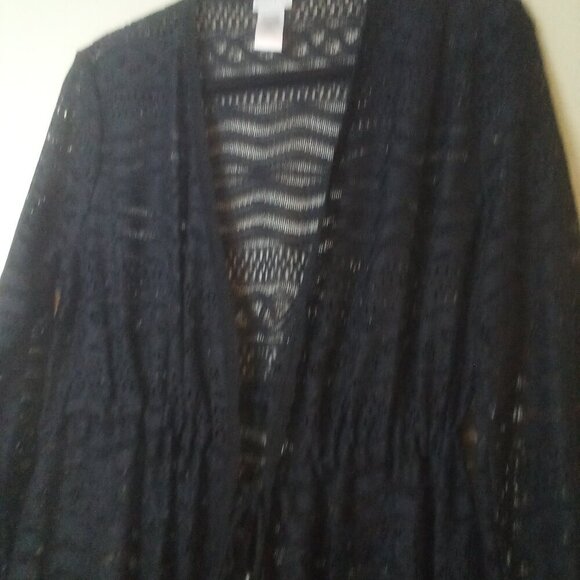 Dotti Cardigan Sweater Women S Long Sleeve Fringe Lace Open Tie Front Black - Picture 8 of 16